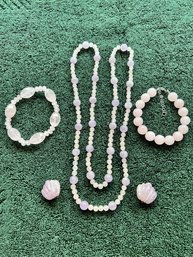 Rose Quartz 36' Necklace With Amethyst Rose Quartz Earrings, 2 Bracelets, Sterling Clasp