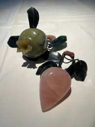 Chinese Hand Carved Rose Quartz Plum, Green Jade Pomegranate, And Jade Leaves
