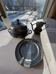 Pewter Pitcher, Covered Butter Dish, Glass Insert Intact