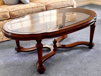 Traditional Ethan Allen Oval Glass-Top Coffee Table With Carved Wood Base