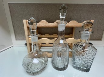 3 Clear Glass Decanters With Wood Wine Rack