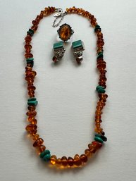 Sterling Silver W/amber And Turquoise, Suite Of Jewels