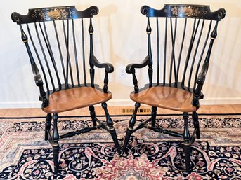 Pair Of Ethan Allen Stenciled Windsor Armchairs - Black & Nutmeg Finish