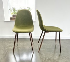 Pair Of Green Mid Century Modern Style Dining Chairs With Walnut Metal Legs