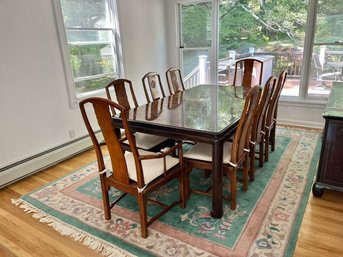 Heritage Wood Top Carved Dining Table With 8 Henredon Chairs, 3 Inserts & Table Protector Cover