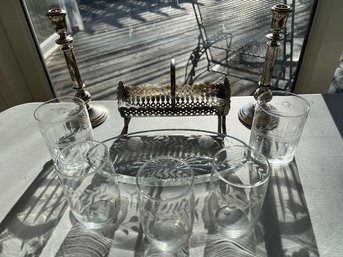 Wheel Cut And Etched Glassware W/chrome Candlesticks And Chrome Cracker Server