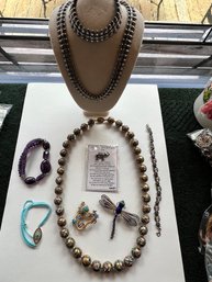 Sterling With Beads And Pins, Dragon Fly, And Dragon,