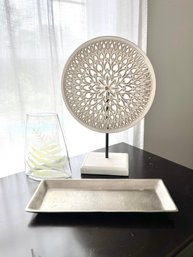 Decorative Round Wood Panel, Vase And Jewelry Tray