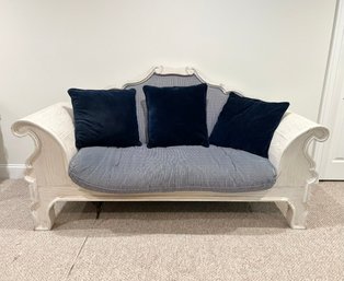 Solid White Washed Wood Settee With Blue & White Pin Strip Cushion & Navy Pillows