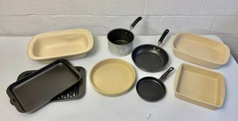 Collection Of Pampered Chef Stoneware, Pots, Pans & Baking Sheet