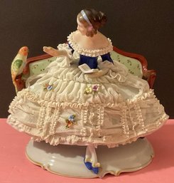 Antique Volkstedt German Porcelain Dresden Lady, Parrot Bird Figurine