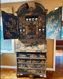 Wow! Stunning FIFTY Drawer Chinoiserie Black Lacquered Secretary Desk Cabinet, Handpainted Gilt Decoration