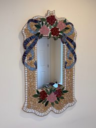 Rhonda Heisler Handcrafted 'Ribbons And Roses' Signed Stained Glass Mosaic Mirror