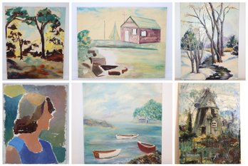 6 Unfinished Oil On Canvas Panel Paintings