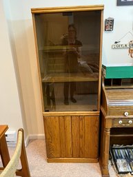 Vintage Pair Of Oak China Cabinets With Tempered Glass Doors