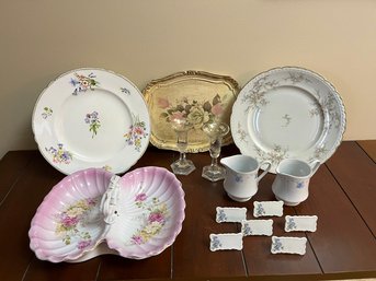 Victorian Vintage Porcelain Plates, Name Plates, Candy Dish, Wooden Tray & Glass Candle Stick Holders