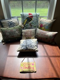 Mixed Pillows, Needlepoint, And Store Bought,