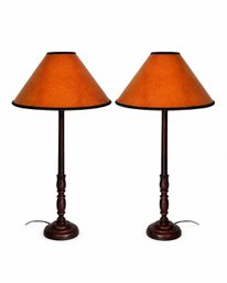 Pair Of French Mid-Century Turned Wood Table Lamps With Reptile-Embossed Shades, 1950s-60s