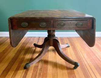 An 18th C Federal Pedestal Sofa Table - Mahogany - Drop Leaf With Drawers - Mid Atlantic Region