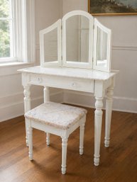 Lovely French White Vintage Vanity Set With Table, Matching Bench And Trifold Mirror