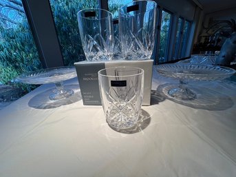 Marquis By Waterford, 'Brookside' Pattern NIB Set Of 4 Rock Glasses, 2 Polish Side Pedestal Dishes