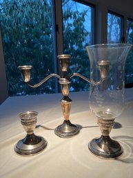 Weighted Sterling Silver Candelabra, 2 Candlesticks, 1 Wheel Cut Shade
