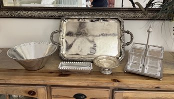 Silver Plated Vintage Tray & Candy Dish, Silver Toned Condiment Caddy & 2 Pewter Servers