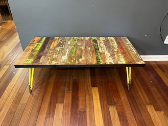 Reclaimed Retro Colorful WoodCoffee Table With Rustic Iron Legs