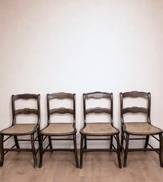 Set Of 4 Vintage French Provincial Ladder-Back Dining Chairs With Hand-Woven Cane Seats And Dark Wood Finish