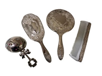 Silverplate Dresser Set, With Silverplate Lenox Baby Rattle