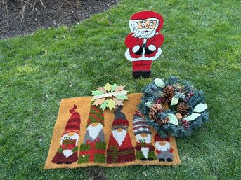 Christmas Wreath, Welcome Door Hanging Sign, Santa Lawn Ornament & X-Mas Welcome Mat
