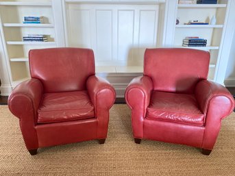 PAIR Handsome Leather Pottery Barn Club Chairs & Ottoman
