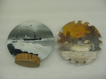 TWO FOLK ART HAND PAINTED SAW BLADES SIGNED BY THE ARTISTS