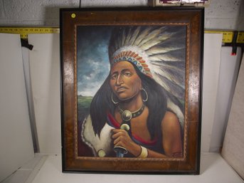 Framed Signed Oil Painting On Canvas Of Indian Chief