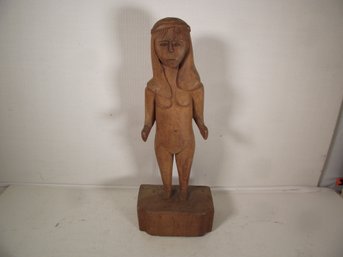Vintage 18-inch Tall Folk Art Carving Of Naked Woman