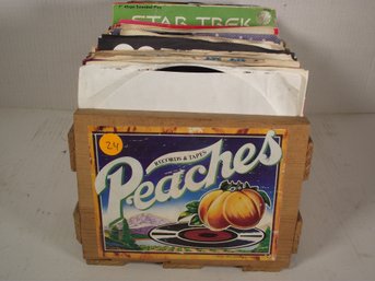 LOT OF 100 VINTAGE 45 RECORDS IN VINTAGE WOODEN RECORD CRATE.