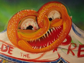 LARGE VINTAGE HAND PAINTED OIL ON BOARD 'RIDE THE PRETZEL CARNIVAL RIDE PAINTING.