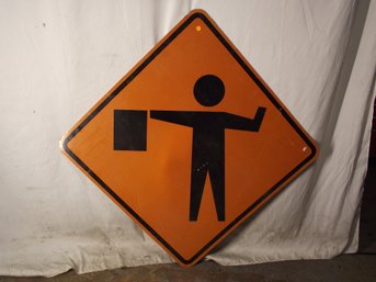 LARGE VINTAGE METAL FLAGGER AHEAD ROAD SIGN 49 INCH.