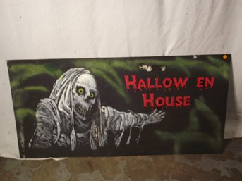 VINTAGE HAND PAINTED HOLLOWEEN HOUSE WOODEN SIGN 48 INCH LONG.