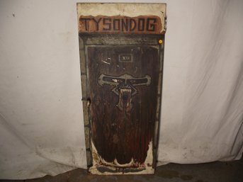 VINTAGE HAND PAINTED METAL SMALL DOOR FROM A MORGUE 'TYSON DOG'