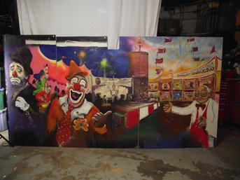 LARGE 3 PIECE OIL ON BOARD CIRCUS/ CARNIVAL PAINTING SIGNED MURAL. ONE OF A KIND!