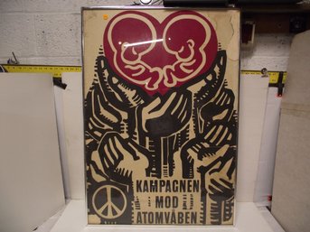 VINTAGE FRAMED DANISH ANTI-NUCLEAR POSTER FROM THE CAMPAIGN AGAINST NUCLEAR WEAPONS.