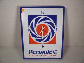 VINTAGE BATTERY OPERATED PERMATEX ADVERTIZING CLOCK.