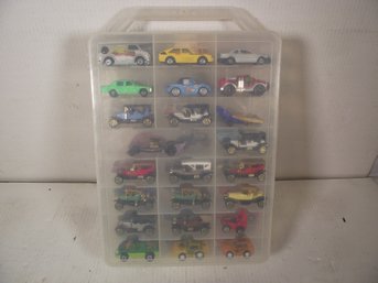 LOT OF 47 SMALL DIECAST CARS MATCHBOX HOTWHEELS ECT WITH PLASTIC CARRYING CASE.