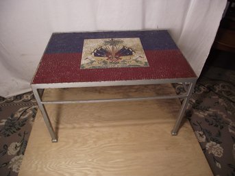 VINTAGE IRON COFFEE TABLE WITH MOSAIC TOP .