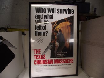 FRAMED VINTAGE MOVIE POSTER THE TEXAS CHAINSAW MASSACRE SIGNED BY GUNNAR HANSEN WHO STARRED AS LEATHER FACE.