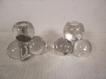 PAIR OF VINTAGE GLASS STACKED BALL CANDLE HOLDERS.