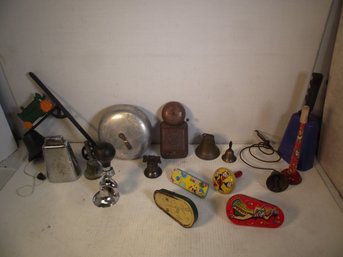 LOT OF VINTAGE BELLS AND NOISE MAKERS.