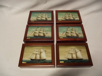 Lot Of Six (6) Hand Painted Glass Top Wooden Boxes