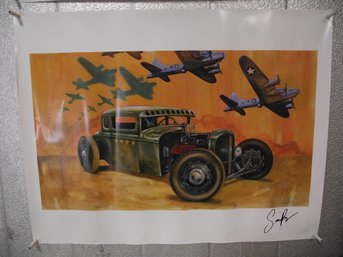 Signed Litho By Sara Ray Green Car